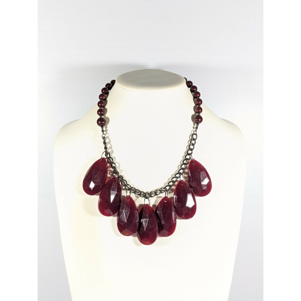Gunmetal Gray Red Acrylic Teardrop Round Bead Statement Necklace 21 inches